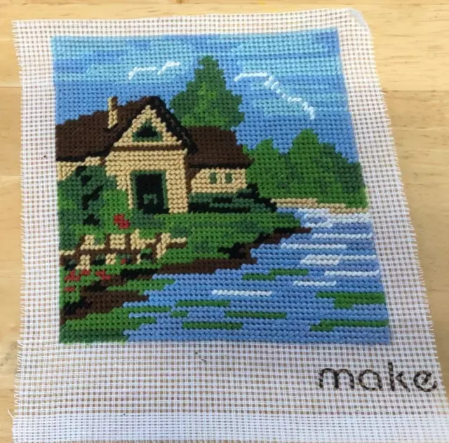 Completed Tapestry Canvas- Cottage by the River  19cm x 16cm