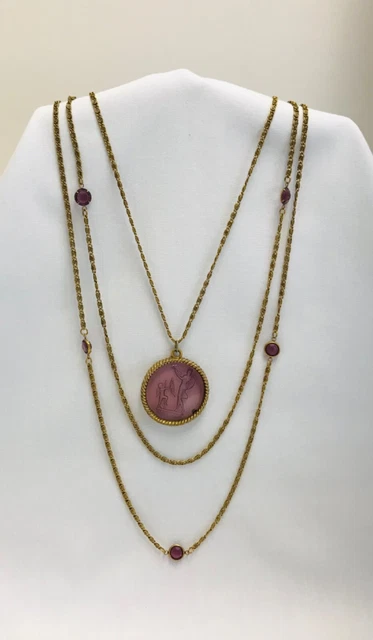 Vintage Gold Tone 3 Strand Cameo Venus & Cupid Necklace Amythyst Glass Pendant