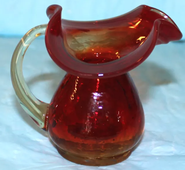 Amberina Crackle Blown Glass Mini Pitcher Vintage No Res