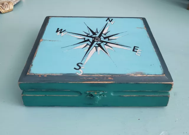 Nautical Compass Distressed Map Wood Box Turquoise Blue