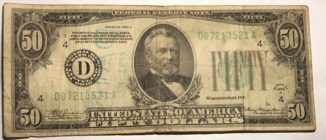 1934A green seal $50 bill. Federal Reserve Note D Cleveland. Fine.  FR-2103D  #9