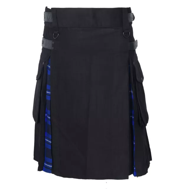 Homme Hybride Cuir Bretelles, Coton & Écossais Utilitaire Kilt - Tartan Bleu