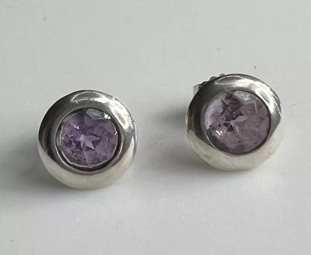 Everyday Round Purple Amethyst Bezel Button Sterling Silver Stud Earrings