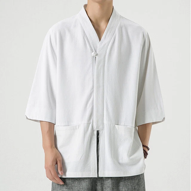 Camicia Cinese Donna Camicia Uomo Manica 3/4 In Cotone E Lino