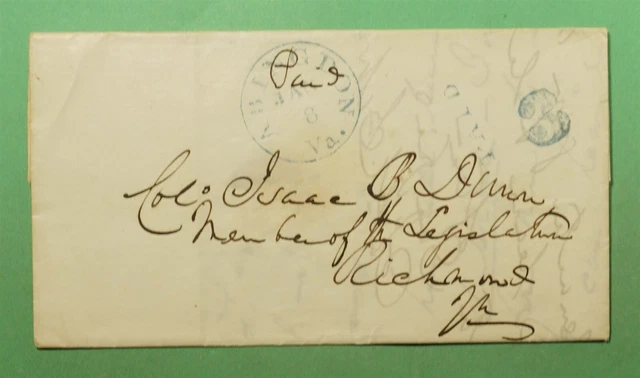 Dr Who 1853 Stampless F/L Abingdon Va Blue Cancel Paid 3C To Richmond I88126