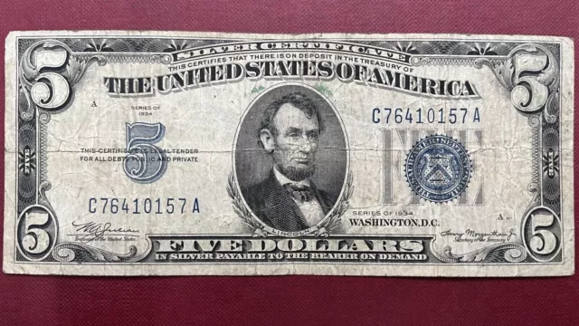 1934 Five Dollar Silver Certificate $5 Bill Blue Seal Note Circulated #58999