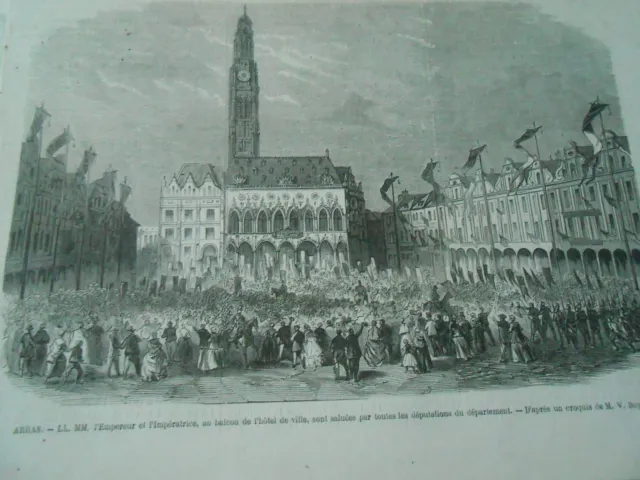Gravure 1867 - Arras L'empereur et l'impératrice au Balcon de l'hotel de ville