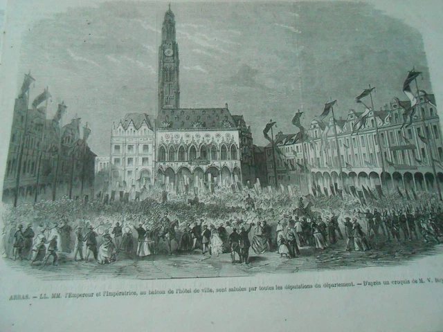 Gravure 1867 - Arras L'empereur et l'impératrice au Balcon de l'hotel de ville