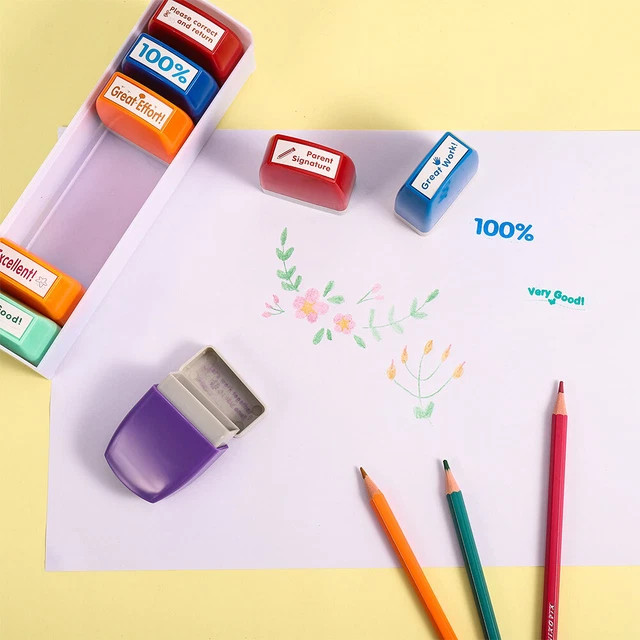 Tampons Mignons Pour Enseignants - 12 Motifs Motivants (Super Travail, Etc.) - Pour Corrections Et Récompenses