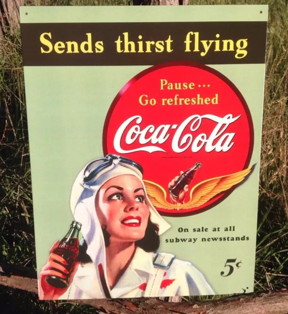 Vintage Coca Cola Sign Tin Metal Soda Pop Bottle Advertising Sends Thirst Flying