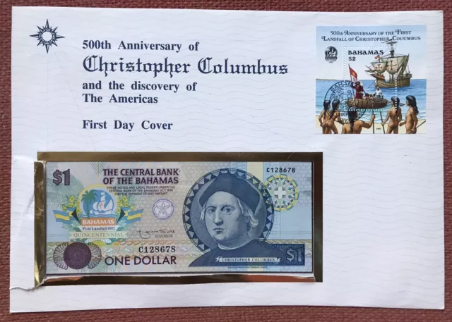 Bahamas 1992 UNC $1 Dollar Banknote & Stamp Cover ~ Columbus Americas Discovery