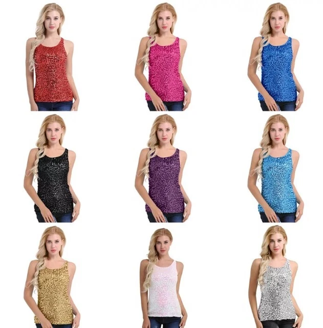 Damen Pailletten Top Trägertop Shirt Bluse Sexy Party Glitzer Festlich Silvester
