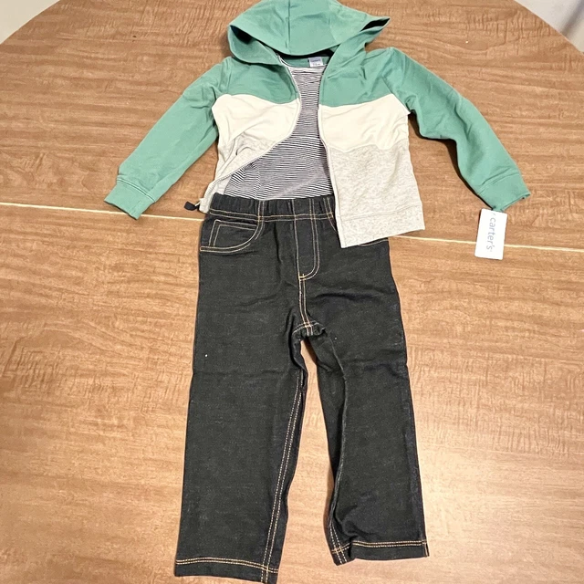 Carter’s NWT 24M Baby Boy Outfit Green Zip Up Sweatshirt Striped Bodysuit, Pants