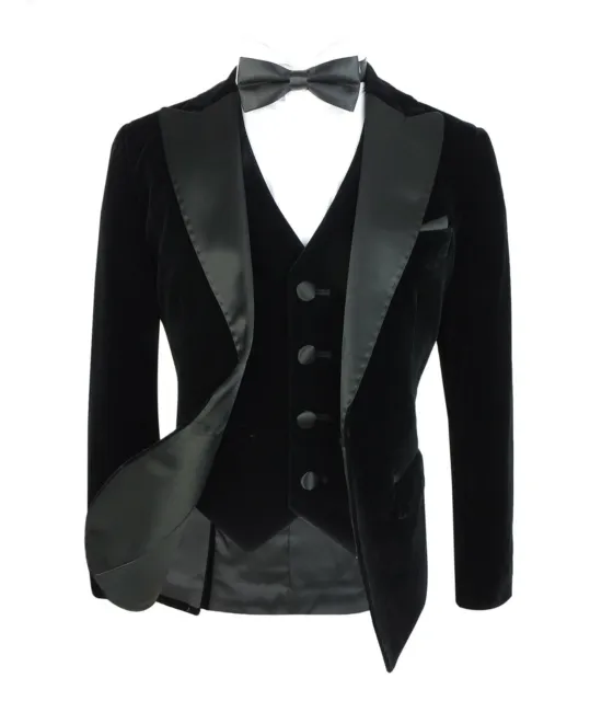 Designer Boys Velvet  Tuxedo Suit  Wedding Prom Occasion Black Sheen Lapel Set