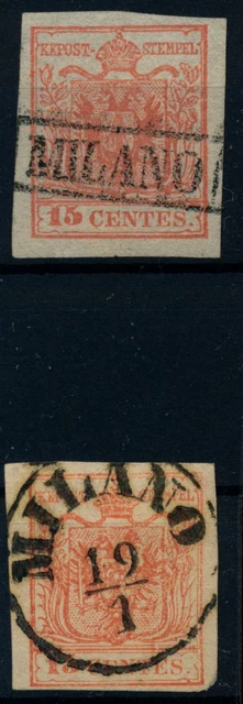 LOMBARDEI-VENETIEN 1850 15C, HP, Type II. und 15C, MP, Type III. Versch. MILANO