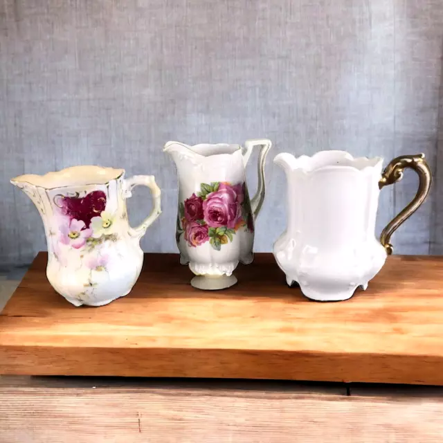 3 Antique Victorian Hand Painted Porcelain Cream Pitchers Creamer Germany German