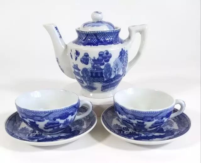 Childs Miniature Blue Willow Teapot Teacups saucers Marriage Occupied Japan