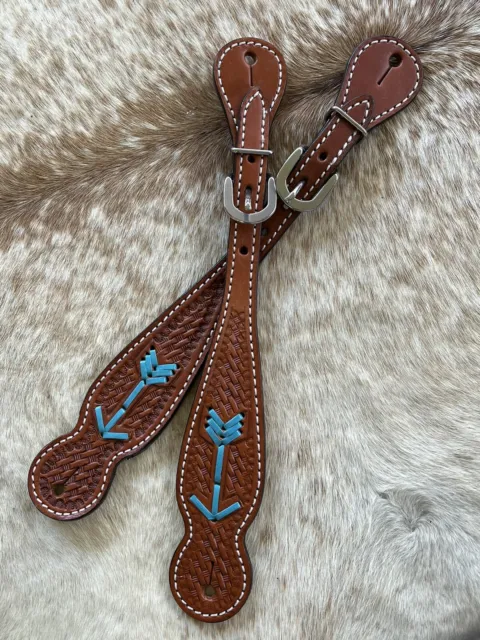 Basketweave Tooled Genuine Leather Arrow Western PAIR Ladies Size Spur Straps