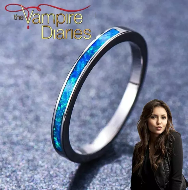 The Vampire Diaries Elena Gilbert Blue Fire-Opal Silver Plated Wedding Band Ring