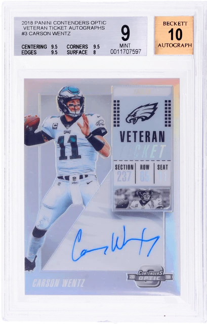 2018 Panini Contenders Optic #3 Carson Wentz Veteran Ticket Auto Prizm /25 BGS 9