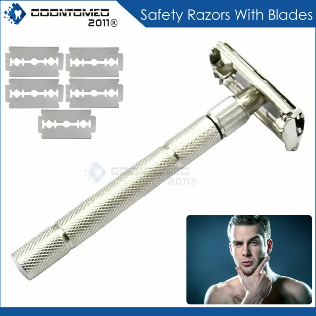 Long Handle Double Edge Butterfly Opening Safety Razor For Men + 5 Shaving Blade