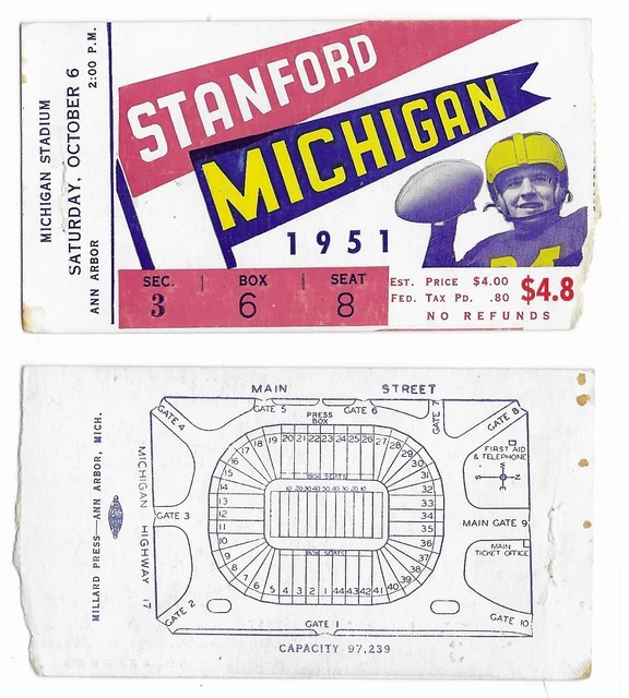 1951 -1960 Stanford University Indians Football Ticket Stubs - You Pick
