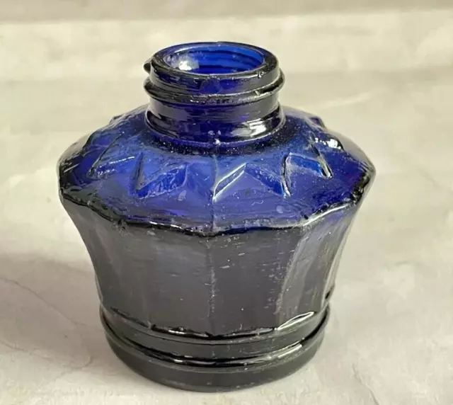 Old Vintage Rare Star Design Victorian Cut Blue Glass Inkwell Bottle