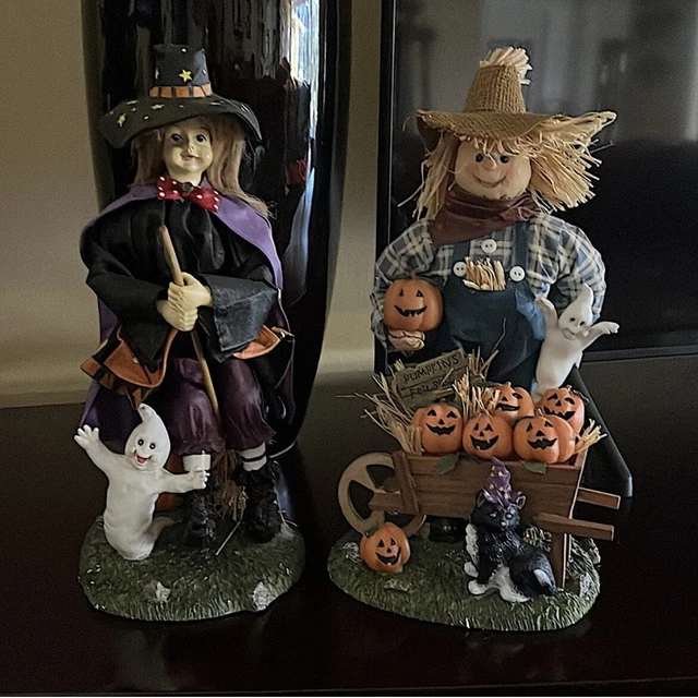 Scarecrow And Witch Fabric Mache Figures 13” Tall Approximately Halloween