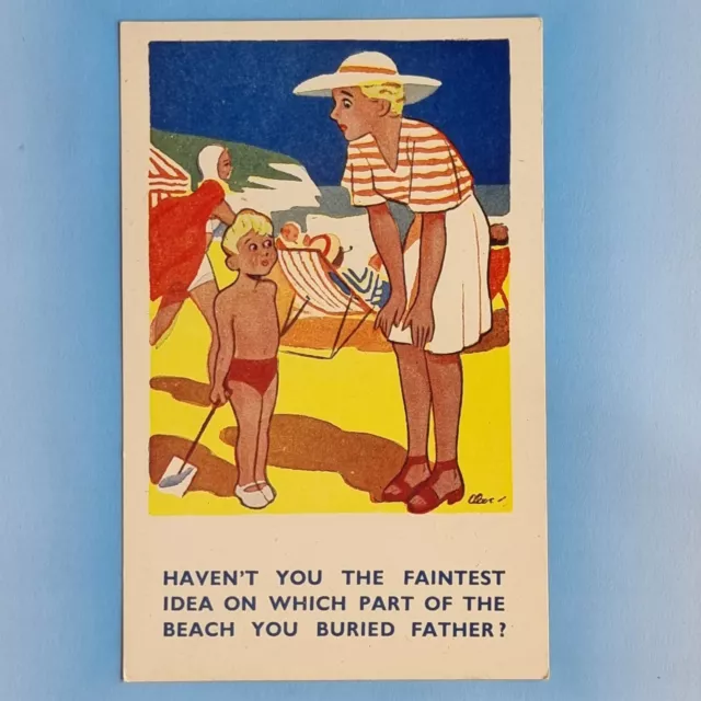 Comic Postcard C1950 Father Buried On Beach Deck Chair Mum Hat Boy Spade
