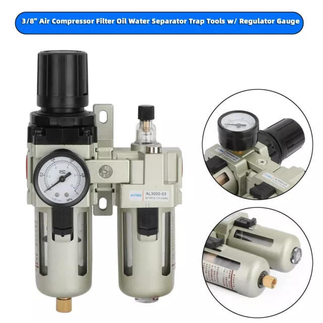 3/8" Air Compressor Filter Oil Water Separator Trap Tools w/ Regulator Gauge FF