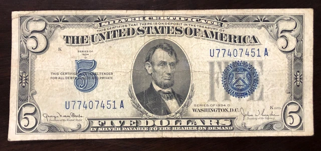 1934D $5 Silver Certificate Blue Seal - Wide II