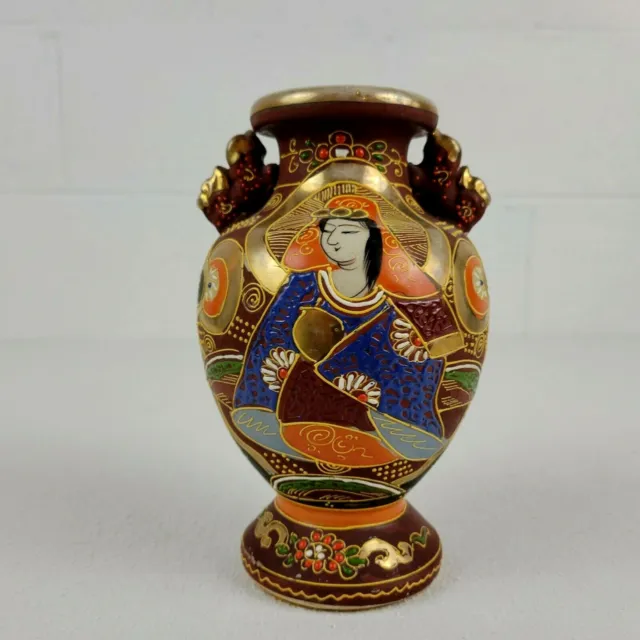Antique Japanese Moriage Satsuma Vase With Fu Dog Handles 7.5 Inches Tall Japan