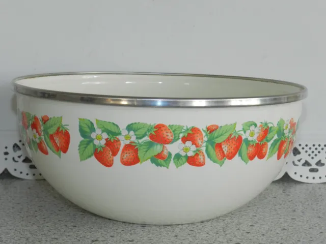 Vintage Enamel Strawberry Vine Mixing Bowl Fruit Strawberries 9"