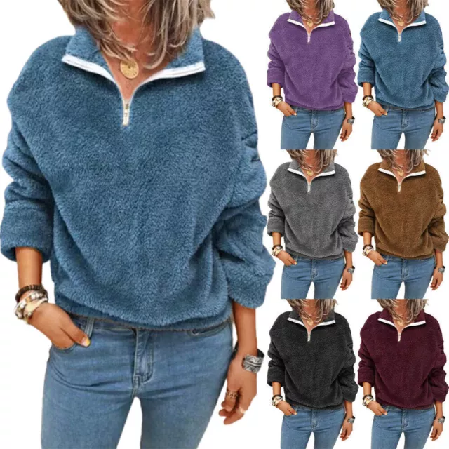 Womens Sherpa Fleece Quarter-zip Sweatshirt Pullover Plush Fuzzy Tops Jumper