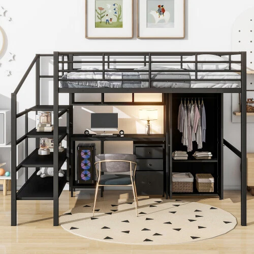 METAL LOFT BED with Desk Wardrobe & Storage Shelves Full Size