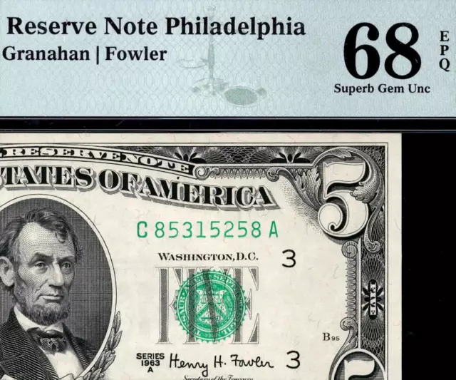 1963a $5 Philadelphia Federal Reserve Note FRN Fr 1968-C • PMG 68 EPQ (1 Finer)