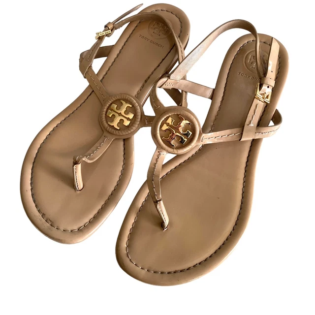 TORY BURCH DILLAN Flat Sandals Womens Size  Patent Leather Almond Color  $ - PicClick