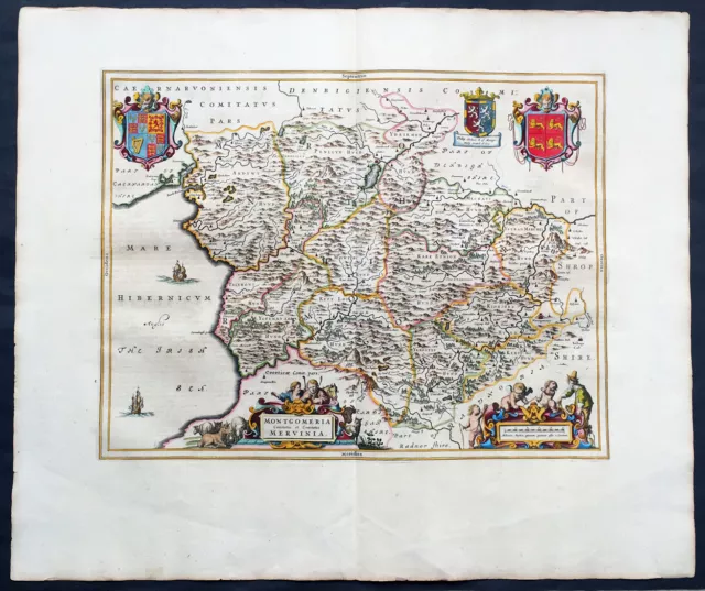 1664 Blaeu Large Original Antique Map County of Montgomery, Wales Great Britain