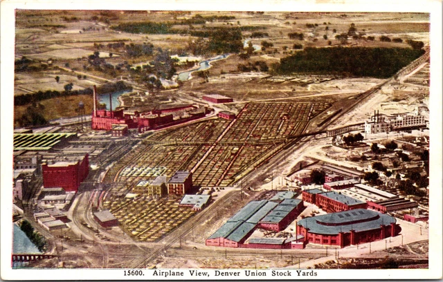 Airplane View Denver Union Stock Yards Colorado Postcard C34