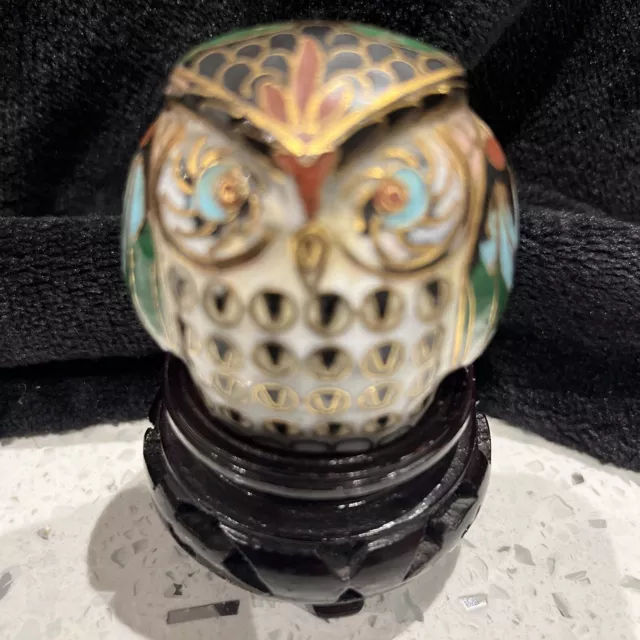 Vintage Chinese Cloisonné Enamel Owl Figurine Ornament w/carved Hardwood Stand