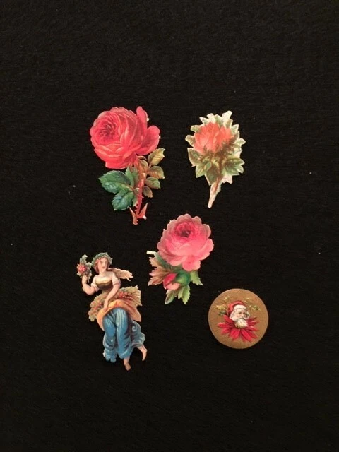 1890'S Beautiful Victorian Die-Cut Embossed  Roses, Santa Claus, Lady