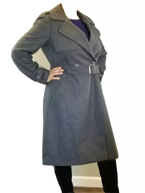 DKNY Gray Wool Blend Belted Long Trench Coat Double Breasted Women's Size 12