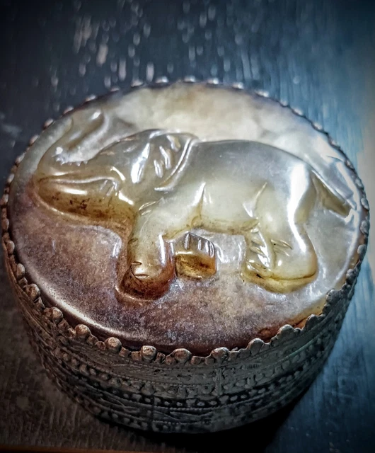 Vintage Chinese Carved Jade Lid Silver Gilt Large Oval Box