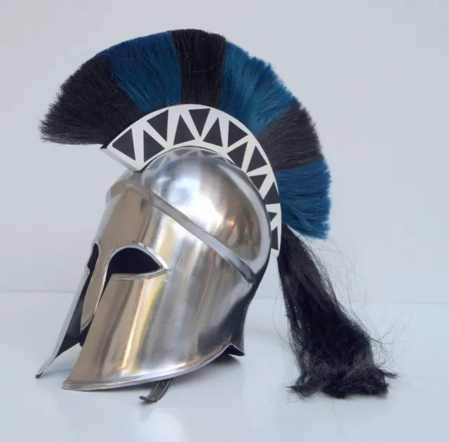 Medieval Corinthian Greek Spartan Helmet Black and Blue Plume with Wooden Stand