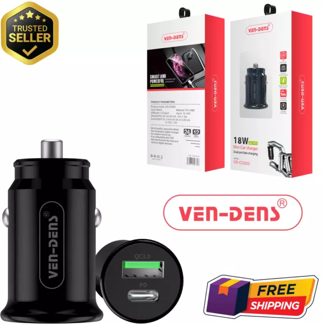 VEN-DENS 18 Watt Mini Car Charger Dual Port USB + USB C