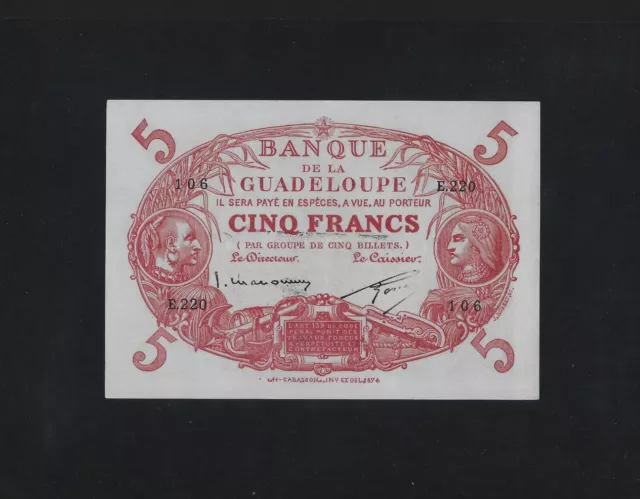 Guadeloupe 5 FRANCS 1901 ND 1934 - 43 P-7 AU-UNC RARE FRANCE