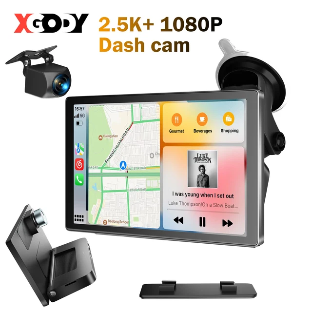 PORTABLE WIRELESS CARPLAY Car Stereo Dual 2.5K Dash Cam Loop Recording