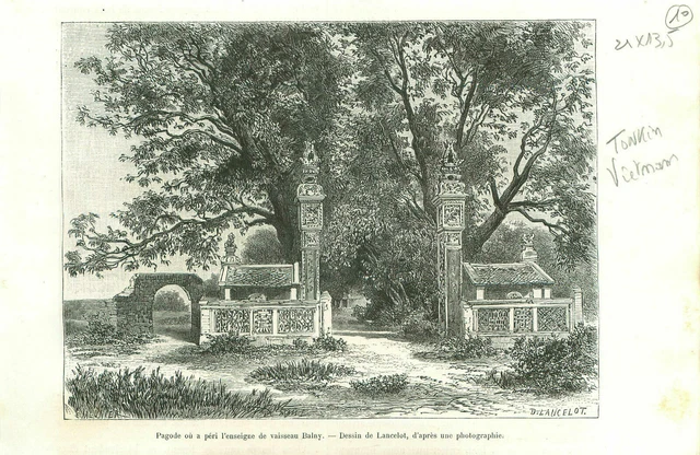 Pagode Enseigne de Vaisseau Balny Tonkin Vietnam Indochine GRAVURE PRINT 1889