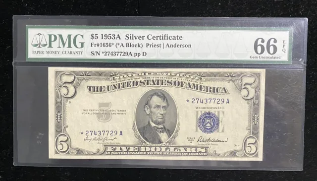 1953 a $5 silver certificate star Fr#1656* PMG 66 EPQ