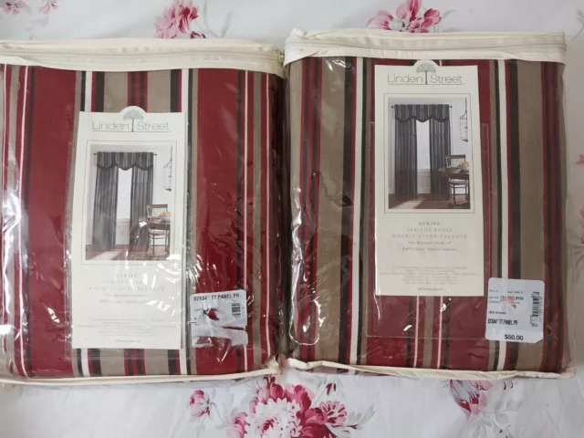 JC Penney Linden Street TWO New Pairs Drapes Tab Tops-Red Stripe-84" Long